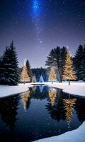 Christmas Lights Reflecting Off A Snowy Pond With A Clear Starry Sky Overhead. AI Generated photo