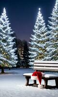 A Santa Hat Resting On A Snowy Bench With A Backdrop Of Illuminated Trees At Night. AI Generated photo