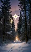 A Christmas Star Illuminating A Snowy Forest Path Captured At Dusk. AI Generated photo