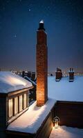 un Nevado techo con un Chimenea adornado con centelleo luces capturado a noche. ai generado foto