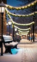 A SnowCovered Bench Adorned With Garlands And Lights Under The Soft Glow Of Streetlights. AI Generated photo