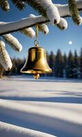 A Golden Bell Hanging From A Snowy Tree Branch With The Moon Casting Soft Shadows. AI Generated photo