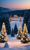 un Nevado paisaje con Navidad arboles adornado con luces capturado a amanecer. ai generado foto