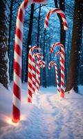 A Snowy Forest Path Lined With Illuminated Candy Canes Captured At Dusk. AI Generated photo