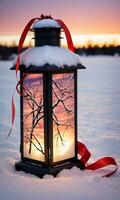 A CloseUp Of A Snowy Lantern Adorned With A Ribbon Against A Sunset Sky. AI Generated photo