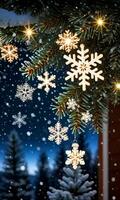 Snowflakes Falling On An Illuminated Christmas Banner Hanging From A Frosty Pine Tree At Night. AI Generated photo
