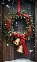 A Glowing Wreath With Red Ribbons And Golden Bells Hanging On A Rustic Wooden Door With Falling Snow Shot During The Early Morning Light. AI Generated photo