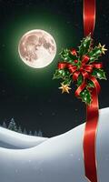 A Golden Star Red Ribbons And Green Holly On A Dark Snowy Night With The Moon Casting Shadows. AI Generated photo