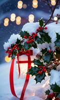 espumoso Navidad luces esclarecedor nevado acebo ramas y rojo cintas capturado a oscuridad. ai generado foto