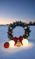 Glowing Christmas Baubles A Wreath And A Snowy Ground Captured Under The Early Morning Sky. AI Generated photo