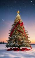 A Christmas Tree Adorned With Golden Stars Red Ribbons And Twinkling Lights In The Middle Of A Snowy Field Captured At Dawn. AI Generated photo