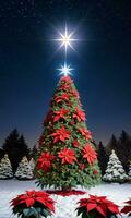 A LowAngle Shot Of A StarTopped Christmas Tree Surrounded By Snowy Poinsettias And Twinkling Lights Against The Night Sky. AI Generated photo