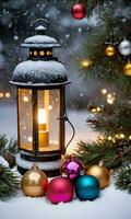 A Snowy Evening Scene Featuring An Illuminated Vintage Lantern Colorful Baubles And Pine Branches. AI Generated photo