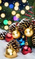 A Snowy Landscape Featuring An Array Of Colorful Christmas Lights Golden Bells And Pine Cones Captured During A Clear Starry Night. AI Generated photo