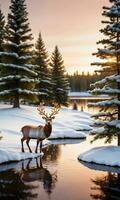 A Snowy Landscape Featuring A Pond With Illuminated Reindeer Ornaments And Pine Branches On The Shore Captured During The Golden Hour. AI Generated photo