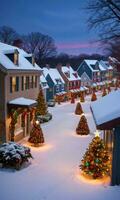 Snowy Rooftops Adorned With Twinkling Christmas Lights Colorful Ornaments And Wreaths Captured At Twilight In A Quaint Village. AI Generated photo