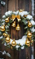 A CloseUp Of A SnowCovered Wreath With Golden Bells And Twinkling Lights Against A Rustic Wooden Backdrop Captured At Dawn. AI Generated photo