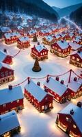 A Bird S Eye View Of A Snowy Village With Streets Adorned By Twinkling Lights Wreaths And Red Ribbons Captured During The Night. AI Generated photo