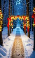 A Snowy Path In A Forest Illuminated By Colorful Christmas Lights Adorned With Golden Bells And Red Ribbons Captured At Night. AI Generated photo