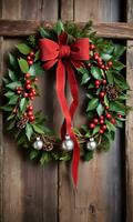 Photo Of Christmas Wreath Intertwined With Jingle Bells And Mistletoe Hanging On A Rustic Wooden Door. AI Generated