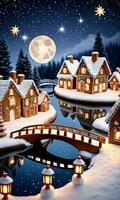 Photo Of Christmas Gingerbread Village With A Snowy Bridge And Lanterns Under A Starry Winter Night. AI Generated