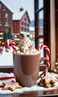 Photo Of Christmas Hot Cocoa Mug With A Candy Cane Stirrer Beside StarShaped Cookies On A Window Sill Overlooking A Snowy Town Square. AI Generated