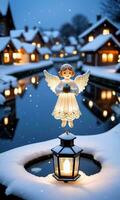 Photo Of Christmas Angel Ornament Overlooking A Snowy Village With A Lit Lantern All Reflected In A Serene Frozen Pond. AI Generated