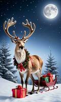 Photo Of Christmas Reindeer Pulling A Sleigh Filled With Ornaments And Gifts Over A Moonlit Snowy Hill. AI Generated