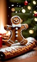 Photo Of Christmas Snowflakes Falling On A Gingerbread Man Standing Near A Yule Log In A Warmly Lit Room. AI Generated