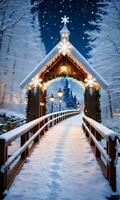 Photo Of Christmas SnowCovered Bridge Adorned With Fairy Lights And Snowflakes Leading To A Magical Ice Castle. AI Generated