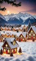 Photo Of Christmas Snowy Village With Lanterns And A Gingerbread House Display Set Against Distant Mountain Peaks. AI Generated