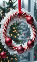 Photo Of Christmas Wreath Made Of Candy Canes Tinsel And Baubles Hung On A Frosty Window Pane. AI Generated