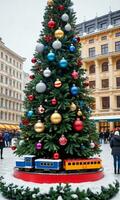 foto de Navidad pino árbol adornado con juguete trenes adornos y copos de nieve en un vibrante ciudad cuadrado. ai generado