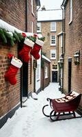 Photo Of Christmas Stockings Hanging From A Sleigh Filled With Mince Pies In A Snowy Alleyway. AI Generated