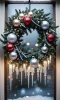 Photo Of Christmas Wreath Intertwined With Icicles Baubles And Fairy Lights Hanging On A Frosted Glass Door. AI Generated