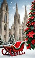 foto de Navidad copos de nieve que cae en un trineo lleno con regalos y flor de pascua plantas fuera de un grandioso catedral. ai generado