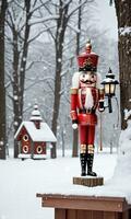 Photo Of Christmas Nutcracker Holding A Lantern Beside A SnowCovered Birdhouse In A Snowy Park. AI Generated