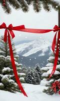 Photo Of Christmas Pine Tree Branches Draped With Red Ribbons Snowflakes And Jingle Bells Against A Snowy Mountain Backdrop. AI Generated