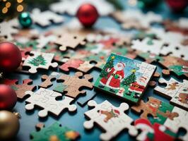 A Christmas Puzzle With A Christmas Tree And Ornaments. AI Generated photo