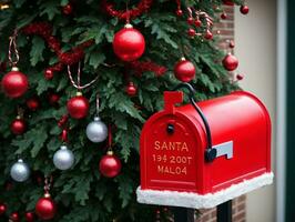 A Red Mailbox With A Christmas Tree In The Background. AI Generated photo