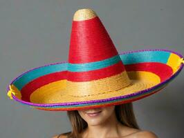 un mujer vistiendo un vistoso mexicano sombrero. ai generado foto