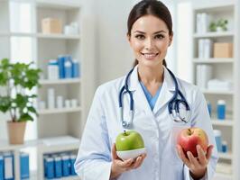 A Woman Doctor Holding An Apple And A Bowl. AI Generated photo