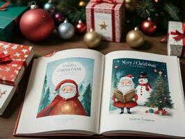 un libro con un Papa Noel claus y un Navidad árbol. ai generado foto