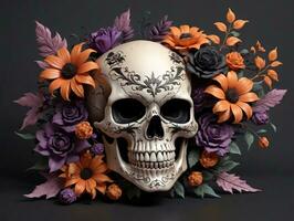 un cráneo con flores y hojas en él. ai generado foto