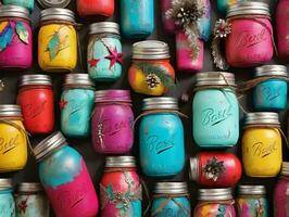 Colorful Painted Jars With Flowers And Butterflies. AI Generated photo