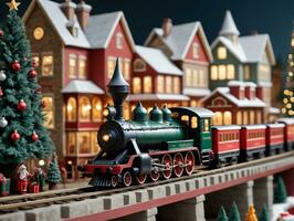 A Toy Train Is On A Track With A Christmas Tree. AI Generated photo