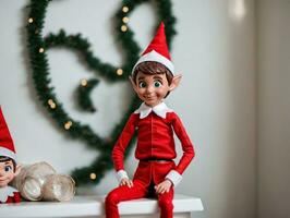 Two Elfs Sitting On A Table With A Christmas Wreath In The Background. AI Generated photo