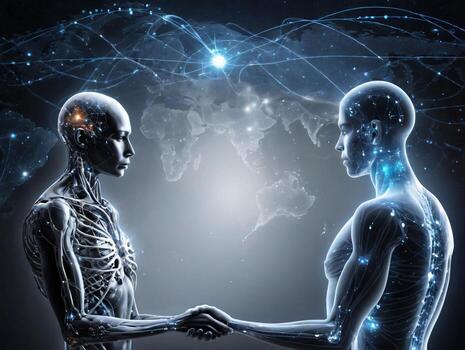 Two Skeletons Shaking Hands With A Map Of The World In The Background. AI Generated photo