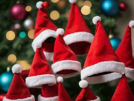 A Group Of Santa Hats On Top Of A Christmas Tree. AI Generated photo