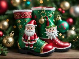 A Pair Of Christmas Boots Sitting On A Table. AI Generated photo